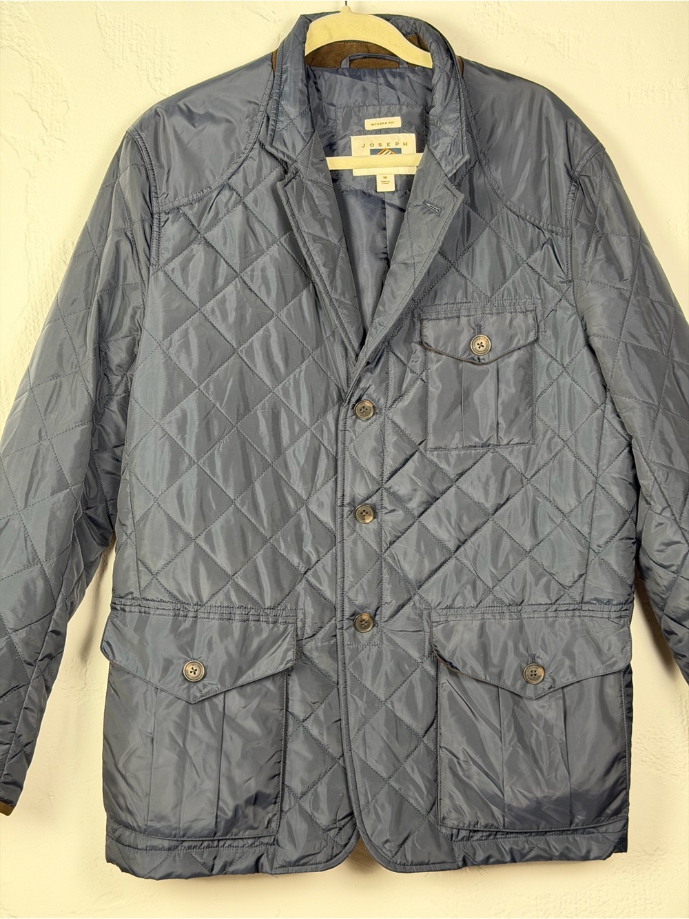 Stylish Joseph Abboud Quilted Lightweight Jacket Navy-Brown Trim - Medium